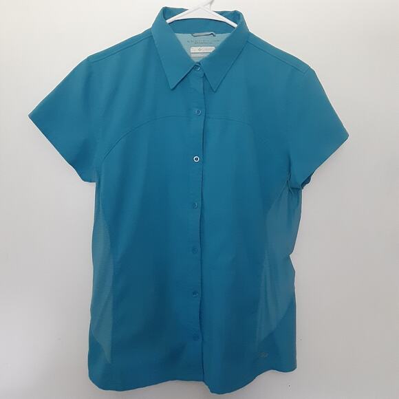 Columbia Omni Shade Womens Button Up Shirt L Blue Short Sleeve Vented - Picture 1 of 9